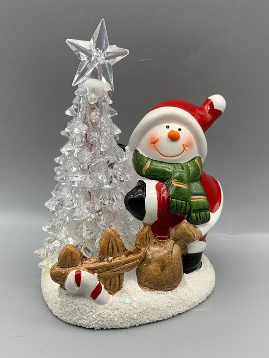 Cute Ceramic Snowman Dressed like Santa with Clear Light-Up Tree - Picture 2 of 10